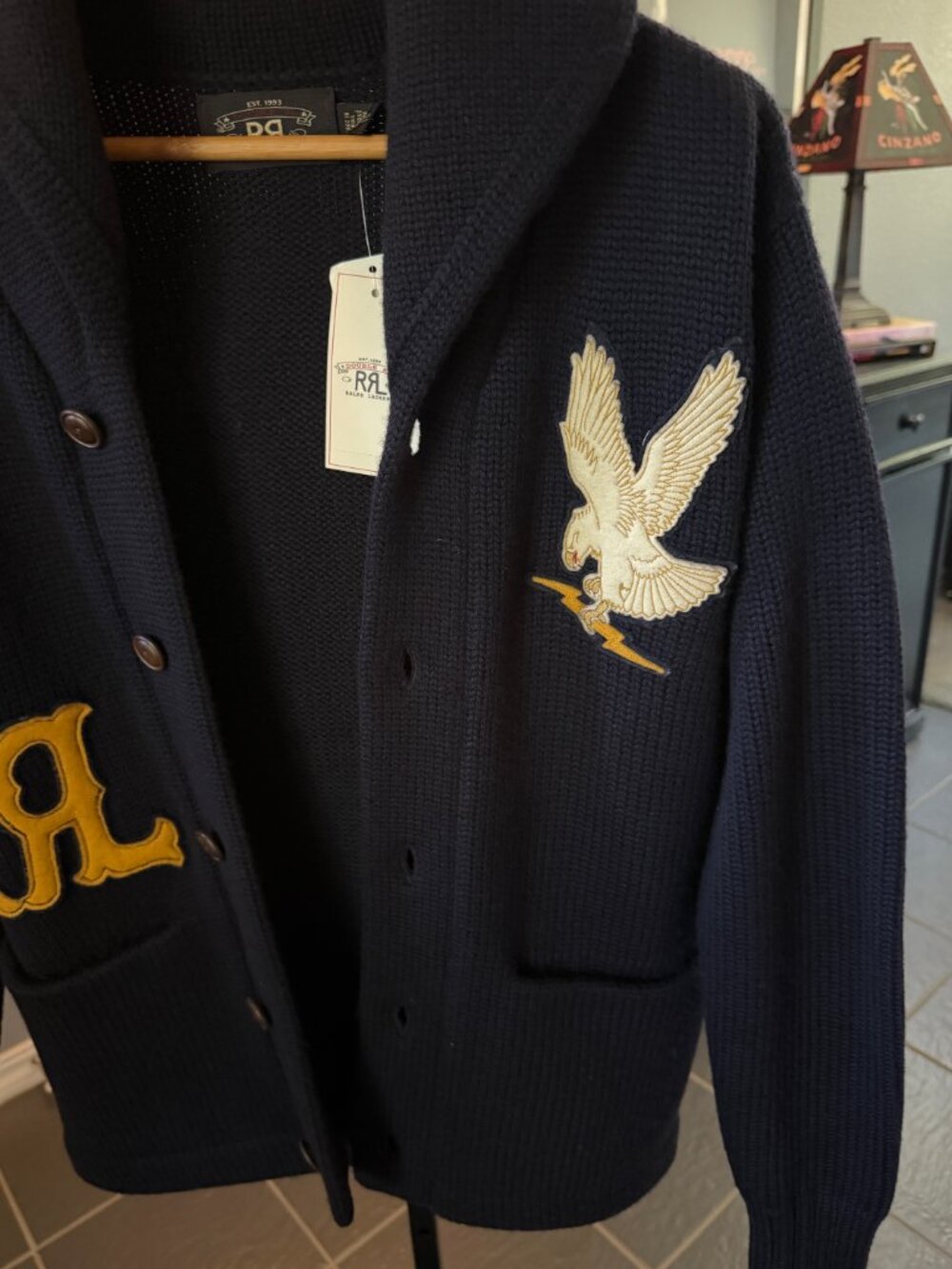 RRL Ralph Lauren Shawl Collar Appliqued Wool Cardigan Navy XS Unisex NWT Perfect - Picture 2 of 12